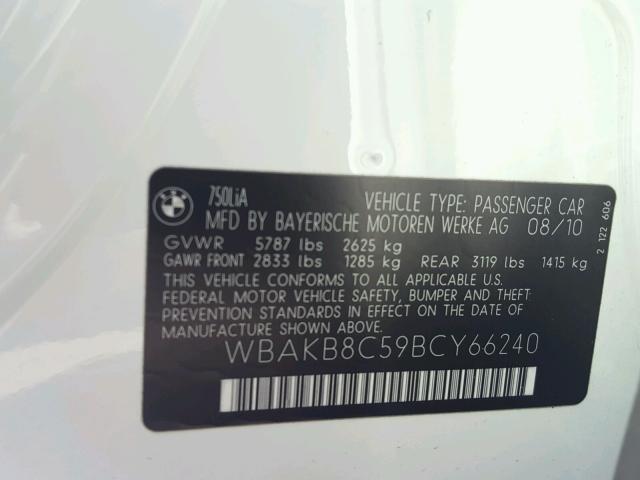 WBAKB8C59BCY66240 - 2011 BMW 750LI WHITE photo 10