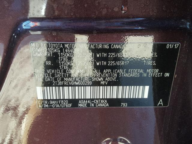 2T3BFREV6HW600299 - 2017 TOYOTA RAV4 勃艮第红 照片 10