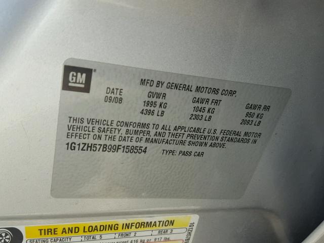 1G1ZH57B99F158554 - 2009 CHEVROLET MALIBU 1LT ვერცხლისფერი ფოტო 10