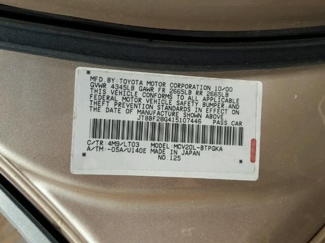 JT8BF28G415107446 - 2001 LEXUS ES 300 GOLD photo 10