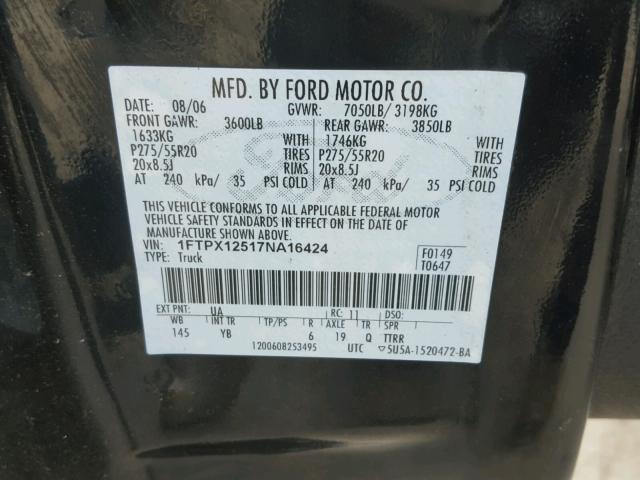 1FTPX12517NA16424 - 2007 FORD F150 BLACK photo 10