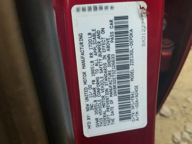 1NXBR32E73Z126633 - 2003 TOYOTA COROLLA RED photo 10