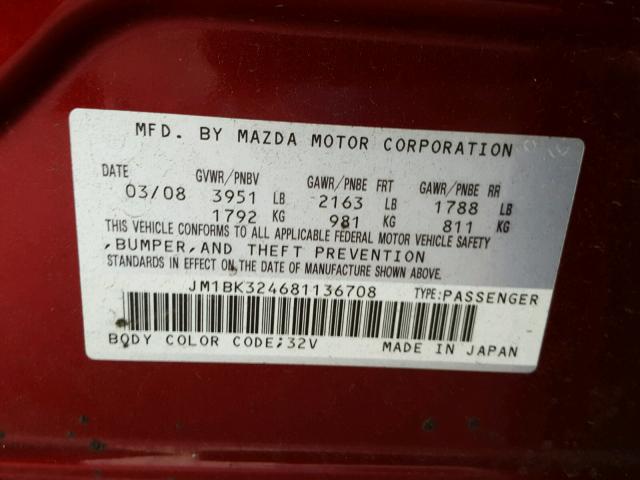 JM1BK324681136708 - 2008 MAZDA 3 S RED photo 10