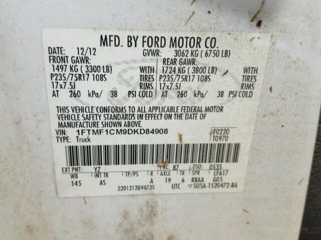 1FTMF1CM9DKD84908 - 2013 FORD F150 WHITE photo 10