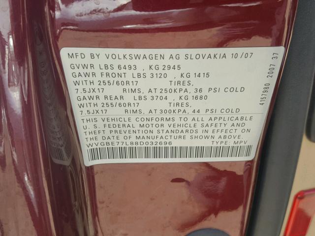 WVGBE77L88D032696 - 2008 VOLKSWAGEN TOUAREG 2 RED photo 10
