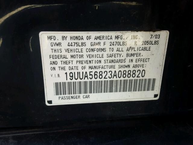 19UUA56823A088820 - 2003 ACURA 3.2TL TYPE BLACK photo 10