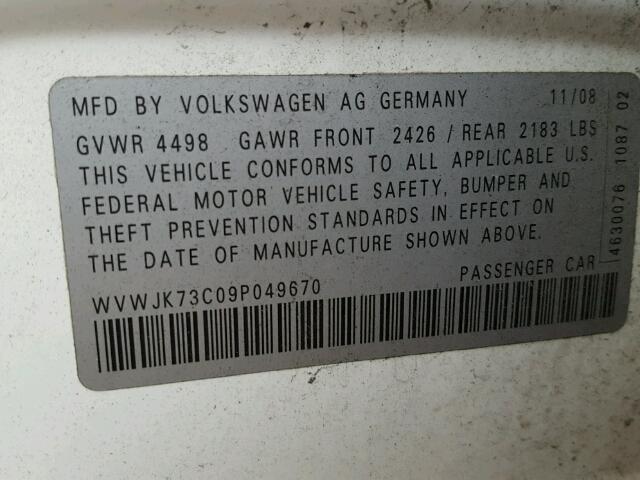 WVWJK73C09P049670 - 2009 VOLKSWAGEN PASSAT TUR WHITE photo 10