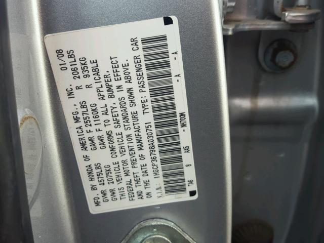 1HGCP36798A030751 - 2008 HONDA ACCORD EX SILVER photo 10