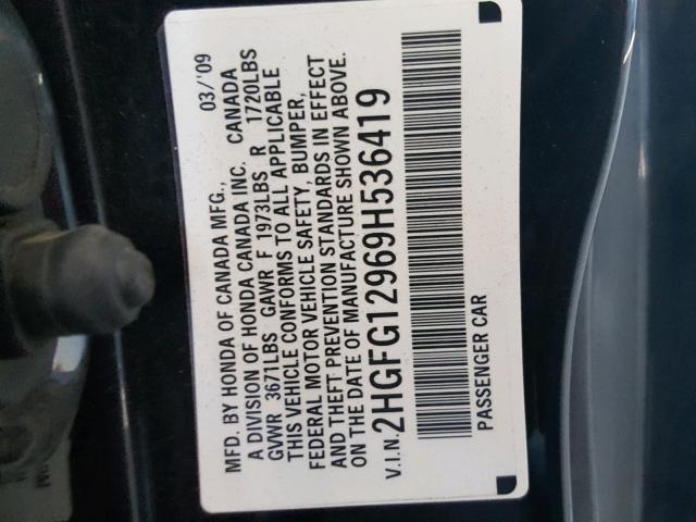 2HGFG12969H536419 - 2009 HONDA CIVIC EXL 黑色 照片 10