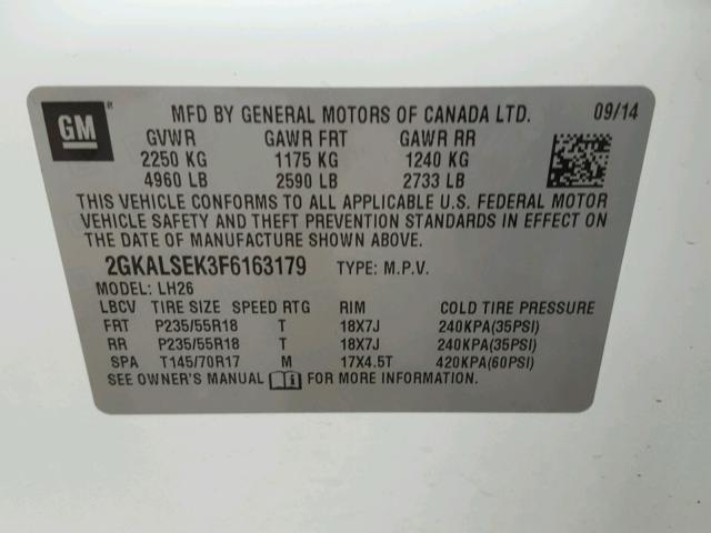 2GKALSEK3F6163179 - 2015 GMC TERRAIN SL WHITE photo 10