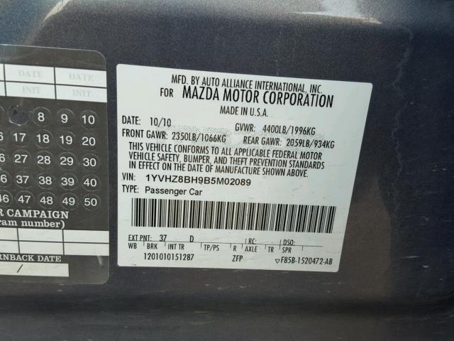 1YVHZ8BH9B5M02089 - 2011 MAZDA 6 I Gris photo 10