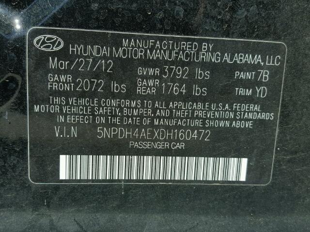 5NPDH4AEXDH160472 - 2013 HYUNDAI ELANTRA BLACK photo 10