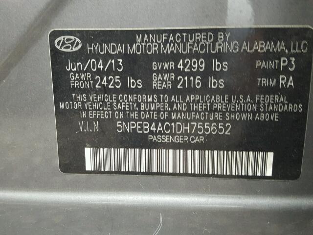 5NPEB4AC1DH755652 - 2013 HYUNDAI SONATA GRAY photo 10