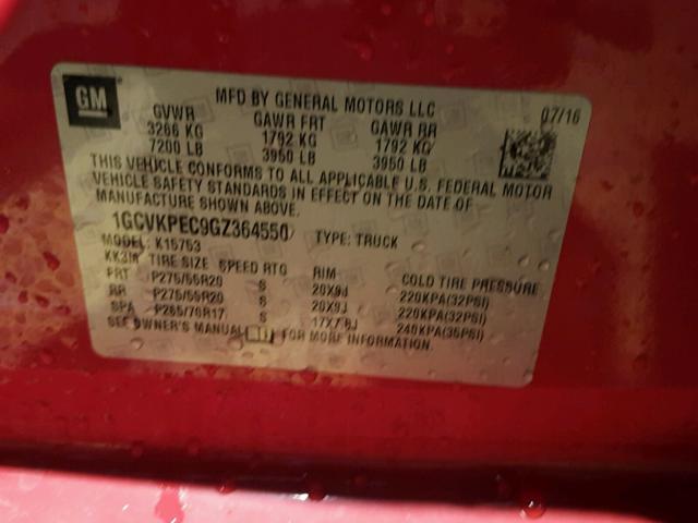 1GCVKPEC9GZ364550 - 2016 CHEVROLET SILVERADO RED photo 10