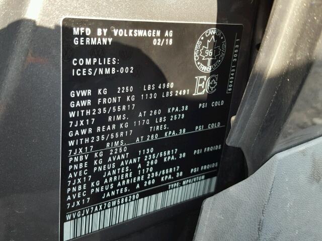 WVGJV7AX7GW586290 - 2016 VOLKSWAGEN TIGUAN COM 灰色 照片 10