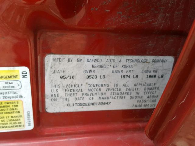 KL1TD5DE2AB132047 - 2010 CHEVROLET AVEO LS RED photo 10