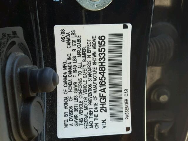 2HGFA16548H335156 - 2008 HONDA CIVIC BLACK photo 10