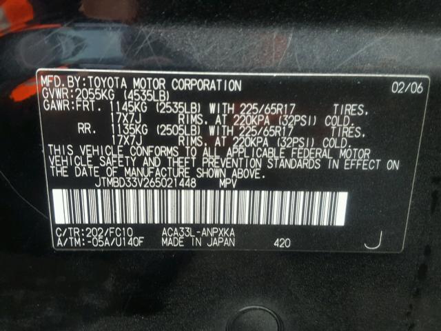 JTMBD33V265021448 - 2006 TOYOTA RAV4 BLACK photo 10