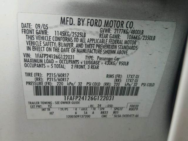 1FAFP24126G122031 - 2006 FORD FIVE HUNDR WHITE photo 10