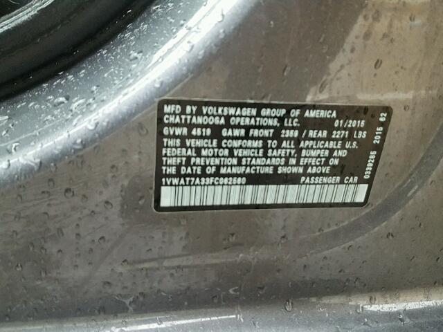 1VWAT7A33FC062560 - 2015 VOLKSWAGEN PASSAT S გრაფიტი ფოტო 10