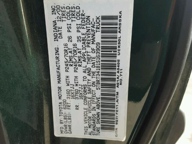 5TBRT34181S163909 - 2001 TOYOTA TUNDRA ACC GREEN photo 10