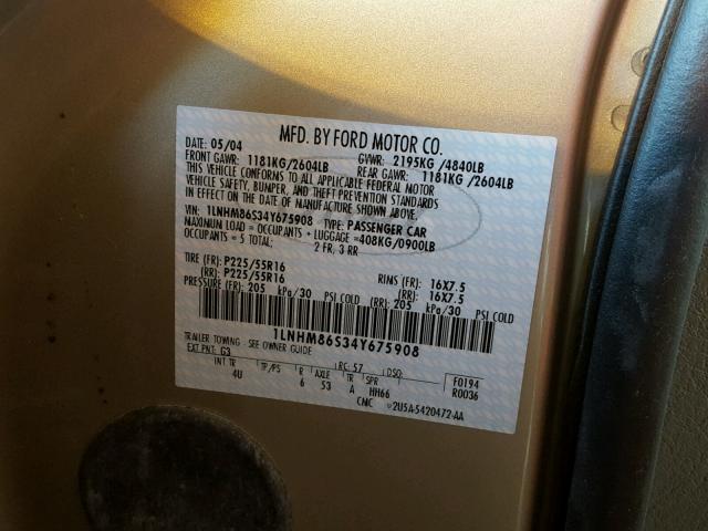 1LNHM86S34Y675908 - 2004 LINCOLN LS 棕色 照片 10