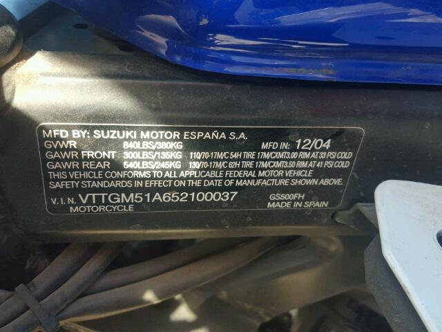 VTTGM51A652100037 - 2005 SUZUKI GS500 FK BLUE photo 10