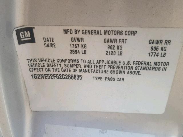 1G2NE52F62C288635 - 2002 PONTIAC GRAND AM S ვერცხლისფერი ფოტო 10