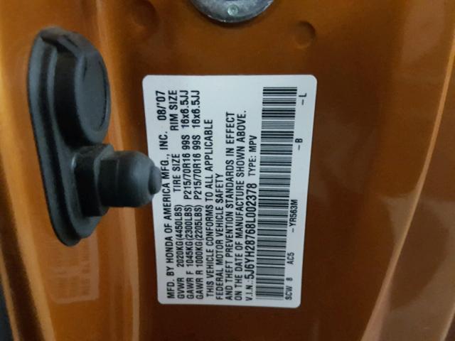 5J6YH28768L002378 - 2008 HONDA ELEMENT EX ORANGE photo 10