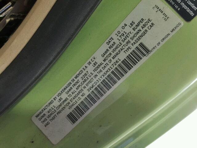 3VWCD31YX5M317261 - 2005 VOLKSWAGEN NEW BEETLE 绿色 照片 10