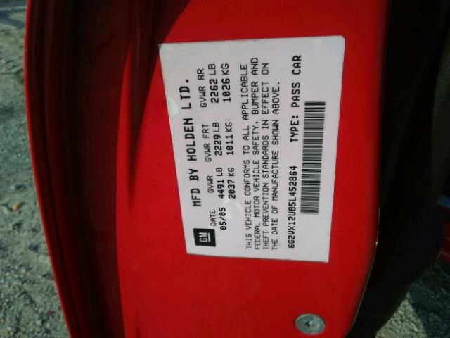 6G2VX12U85L452864 - 2005 PONTIAC GTO RED photo 10