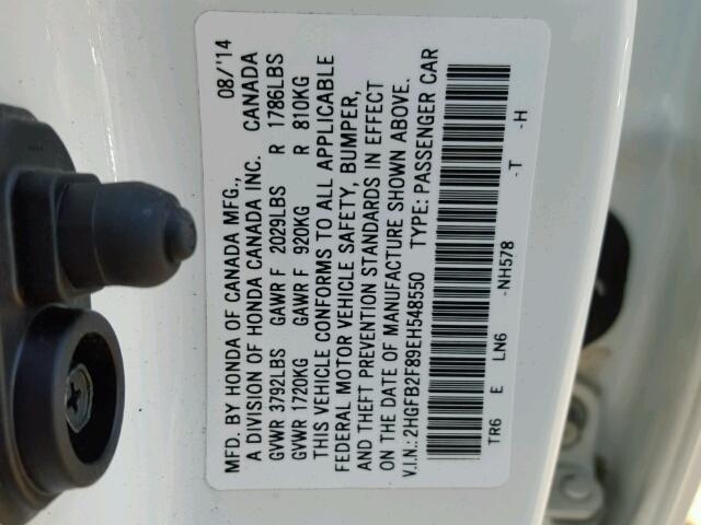 2HGFB2F89EH548550 - 2014 HONDA CIVIC EX WHITE photo 10