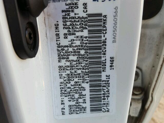 4T1BE32K42U082414 - 2002 TOYOTA CAMRY LE თეთრი ფოტო 10