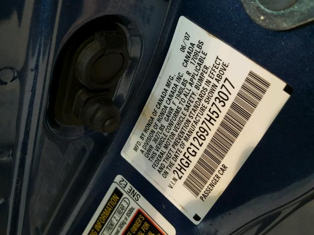 2HGFG12697H573077 - 2007 HONDA CIVIC LX BLUE photo 10