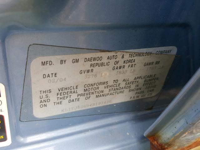 KL1TJ62694B193426 - 2004 CHEVROLET AVEO LS BLUE photo 10