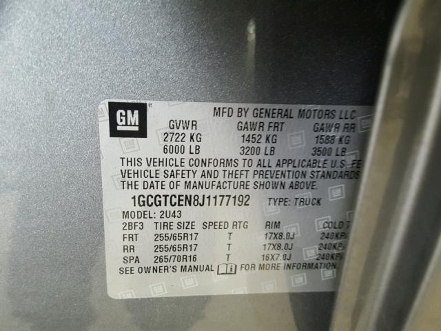 1GCGTCEN8J1177192 - 2018 CHEVROLET COLORADO L GRAY photo 10