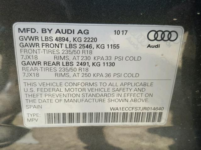 WA1ECCFS7JR014640 - 2018 AUDI Q3 PREMIUM GRAY photo 10