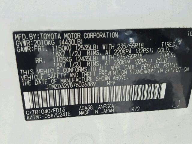 JTMZD32V876026889 - 2007 TOYOTA RAV4 SPORT WHITE photo 10