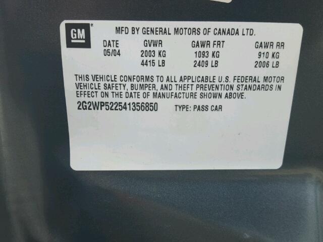 2G2WP522541356850 - 2004 PONTIAC GRAND PRIX TURQUOISE photo 10