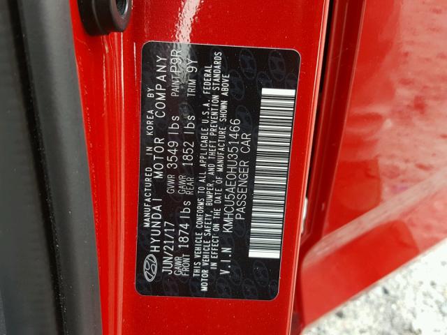 KMHCU5AE0HU351466 - 2017 HYUNDAI ACCENT SPO RED photo 10