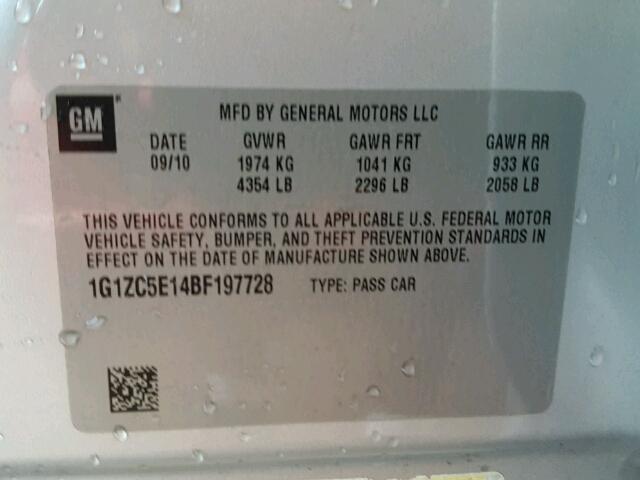 1G1ZC5E14BF197728 - 2011 CHEVROLET MALIBU 1LT 银色 照片 10