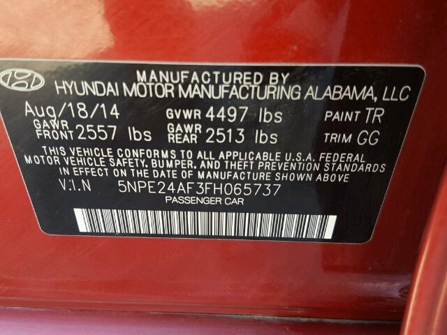 5NPE24AF3FH065737 - 2015 HYUNDAI SONATA RED photo 10