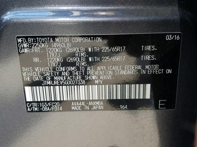 JTMRJREV5GD027338 - 2016 TOYOTA RAV4 HV XL GRAY photo 10