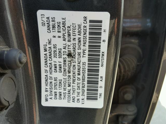 2HGFB2F9XDH535135 - 2013 HONDA CIVIC EXL 灰色 照片 10