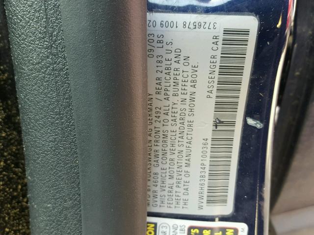 WVWRH63B34P100364 - 2004 VOLKSWAGEN PASSAT GLX BLUE photo 10