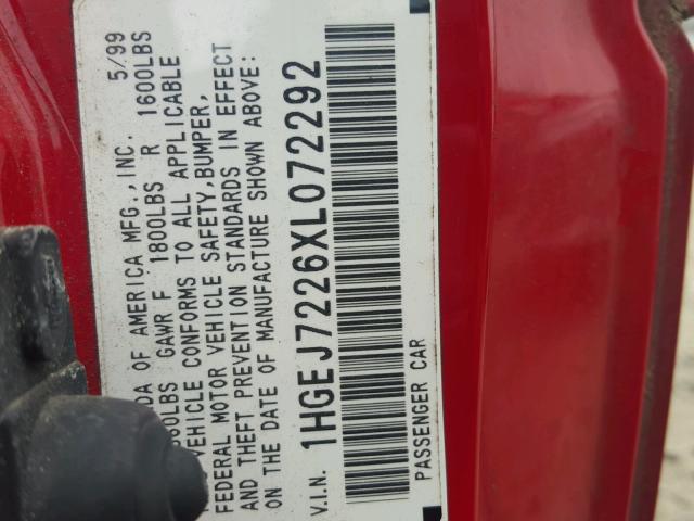 1HGEJ7226XL072292 - 1999 HONDA CIVIC HX RED photo 10