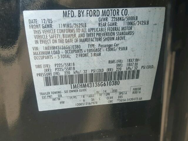 1MEHM43136G610380 - 2006 MERCURY MONTEGO PR 黑色 照片 10