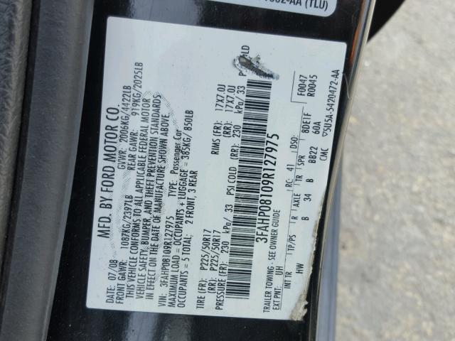 3FAHP08109R127975 - 2009 FORD FUSION SEL BLACK photo 10