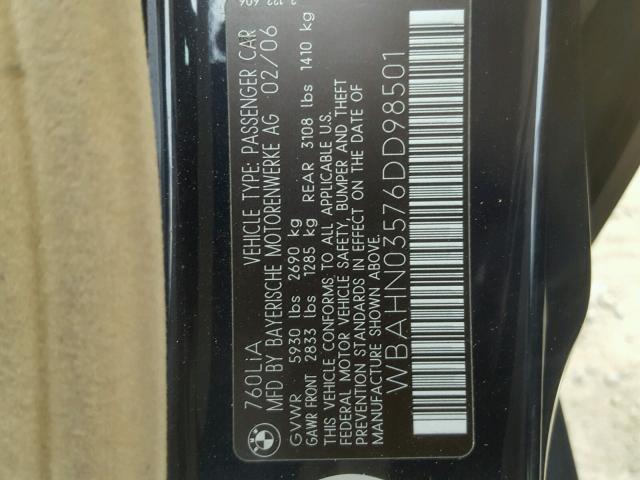 WBAHN03576DD98501 - 2006 BMW 760 LI BLACK photo 10