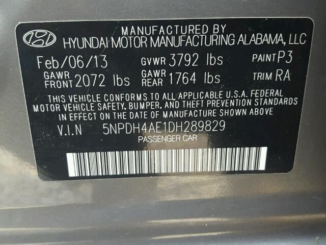 5NPDH4AE1DH289829 - 2013 HYUNDAI ELANTRA GRAY photo 10